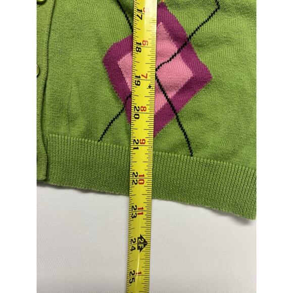 AUGUST SILK Cardigan Sweater Womens Large Green Argyle Knit Button-Up 3/4 Sleeve - Picture 5 of 7